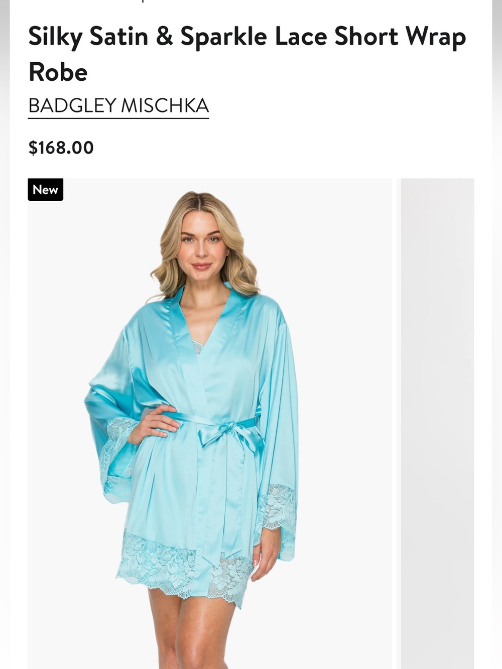 Like New! $168 Badgley Mischka Blue Silky Satin Sparkle Lace-Trim Robe - Picture 2 of 7